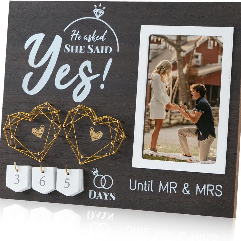 6x4 Inch Engagement Picture Frame Hanging Tabletop Wood Photo Frame  Rectangle Frame with He Asked She Said Yes Words for Wedding Anniversary