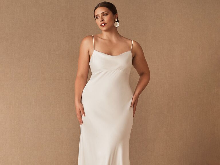 White halter sheath style wedding dress in silk jersey with criss cross  straps in back