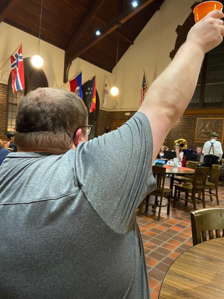 This picture was taken during the annual Wartburg Oktoberfest. Here, Adam is teaching me the "Provst" drinking song. It's his favorite. Don't be surprised if we end up doing it at the wedding reception...