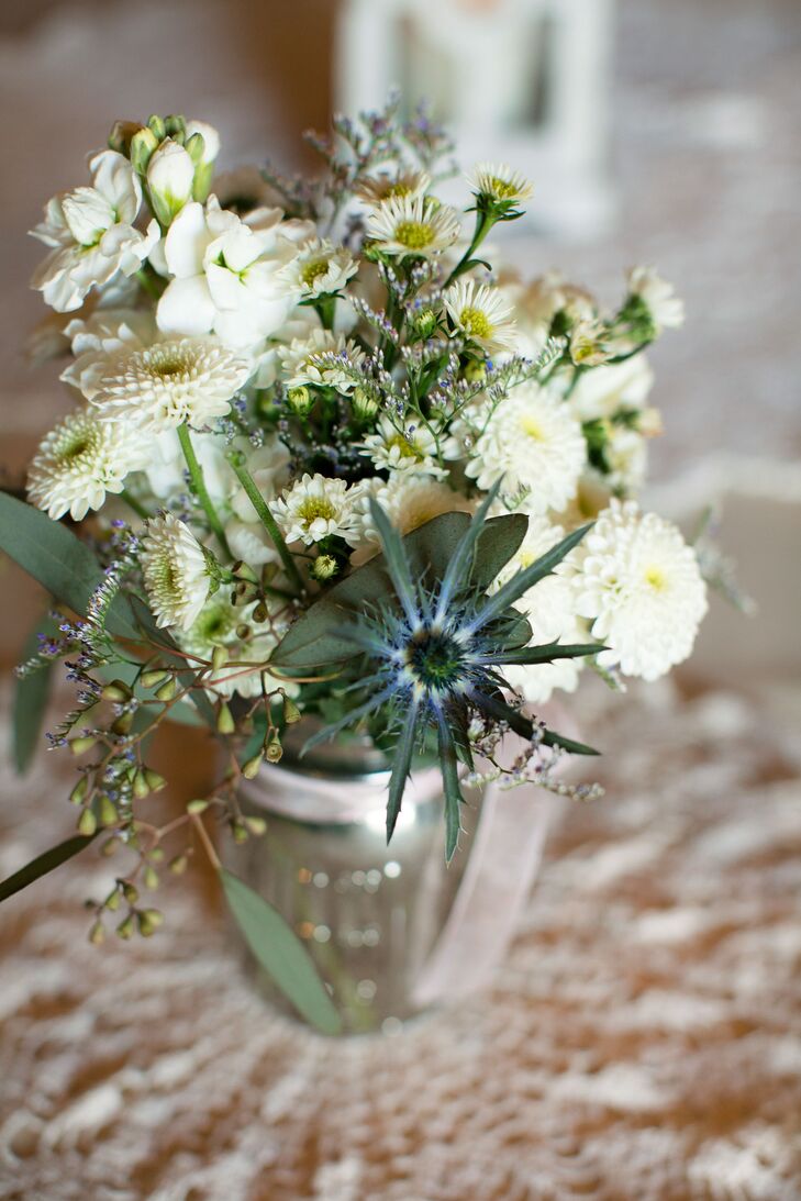 White Mums Blue Thistle Wedding Reception Centerpieces