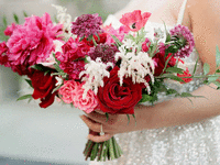Bride holding pink, white, and red wedding bouquet.