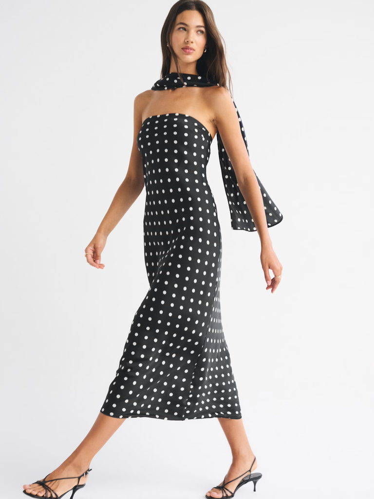 Black strapless polka dot scarf wedding guest dress winter from Abercrombie & Fitch