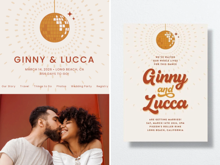 disco ball wedding website design with matching invitations