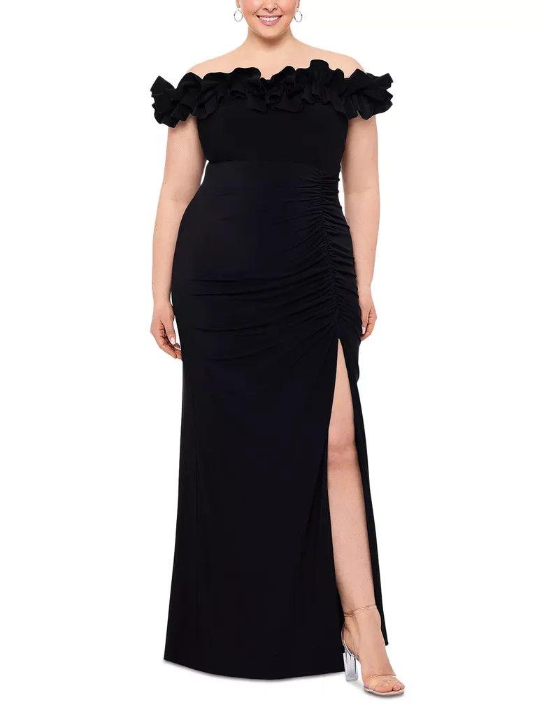Plus Size Ruffled Off-The-Shoulder Black Long Sheath Bridesmaid Dress