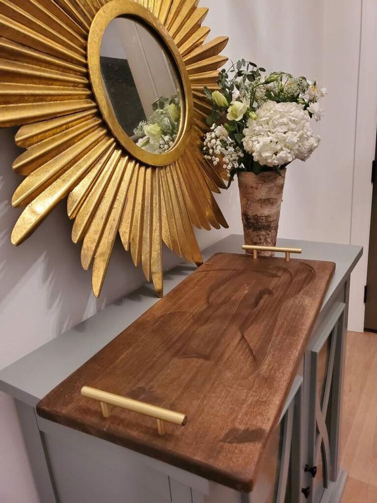 Large wood charcuterie board with gold handles