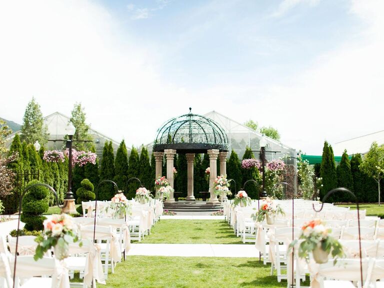 Outdoor garden ceremony space with a five pillar gazebo