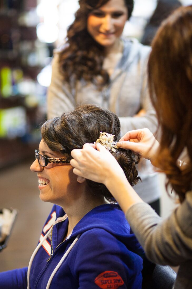 Bride Getting Ready In Side Updo With Hair Accessory