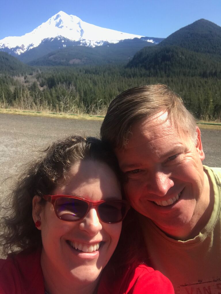 Over time, our newly rekindled friendship turned into long-distance romance.  When George took a job with ATI in 2019, he was able to choose his home base, and he chose Oregon!  (Mt Hood in the background)
