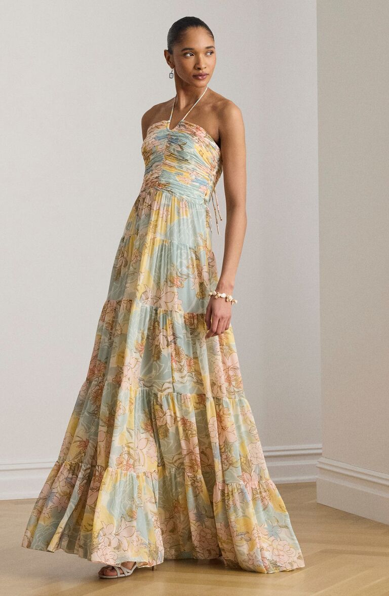 Floral print halter neck maxi summer wedding guest dress