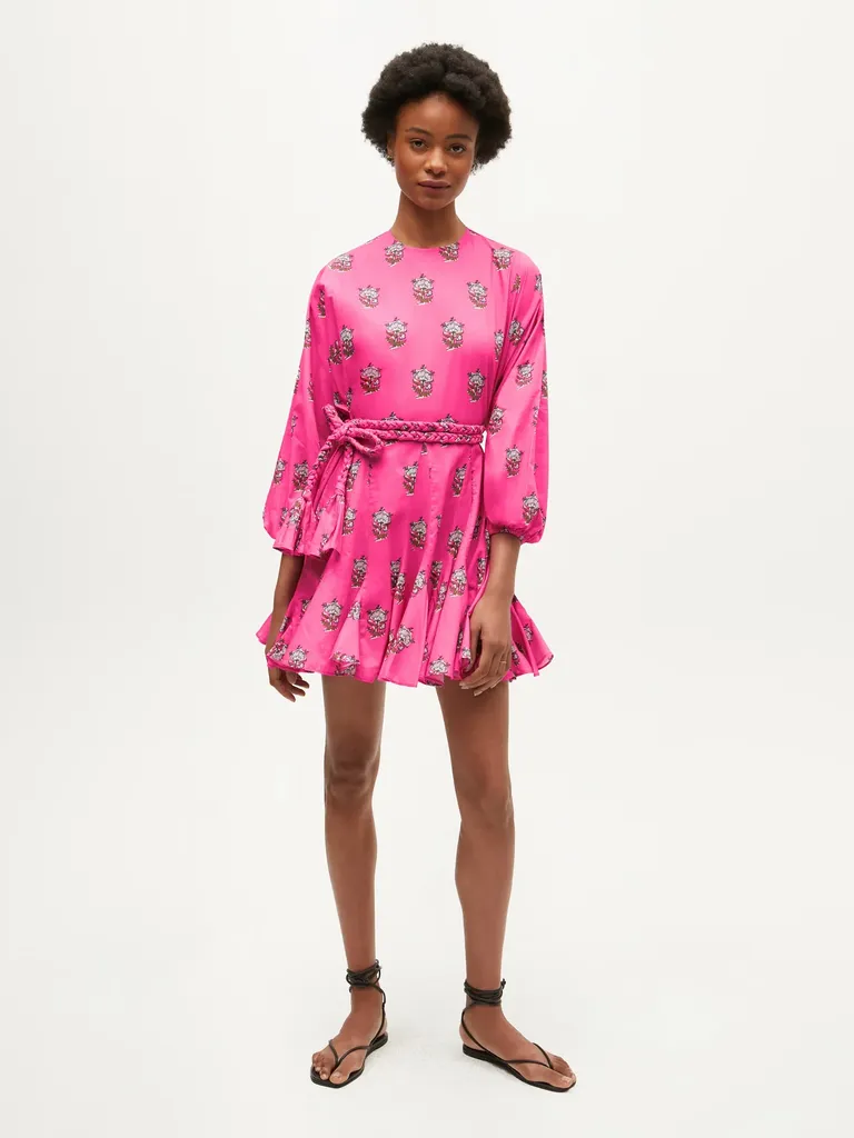 Pink patterned casual long sleeve wedding guest dress