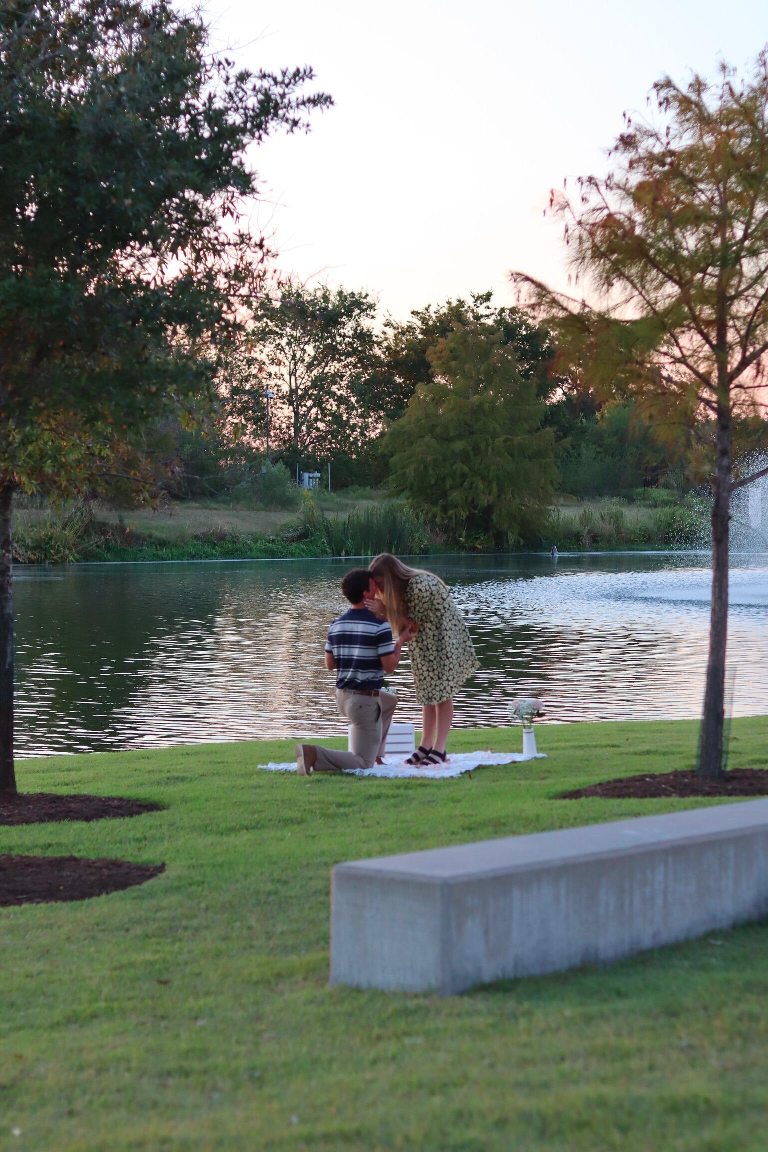 After an Aggie Football win, Jack surprised Emma and asked for her hand. Without ever saying yes, she gave him a kiss and accepted the ring. This was realized later in the night! Jack was intentional about praying for this next stage and then treated Emma to a nice dinner. Later, Emma was "surprised" by a house full of people ready to celebrate them.