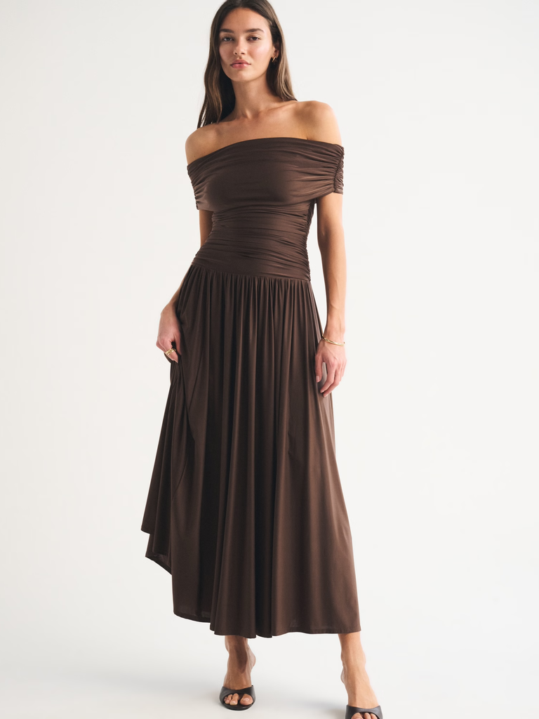 Brown off the shoulder black tie optional dress from Abercrombie & Fitch