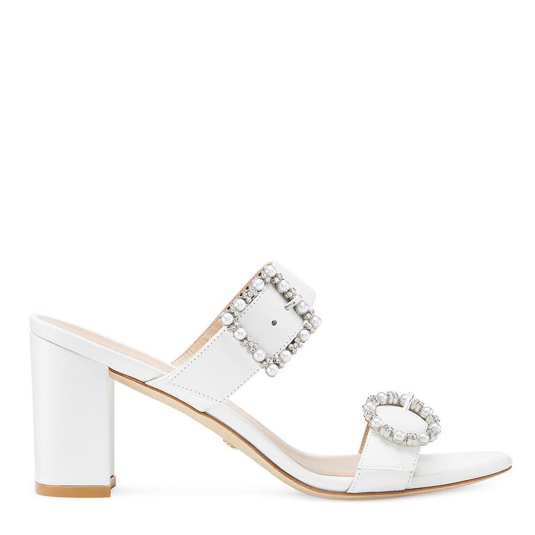 White buckle comfortable block heel slide sandals for wedding