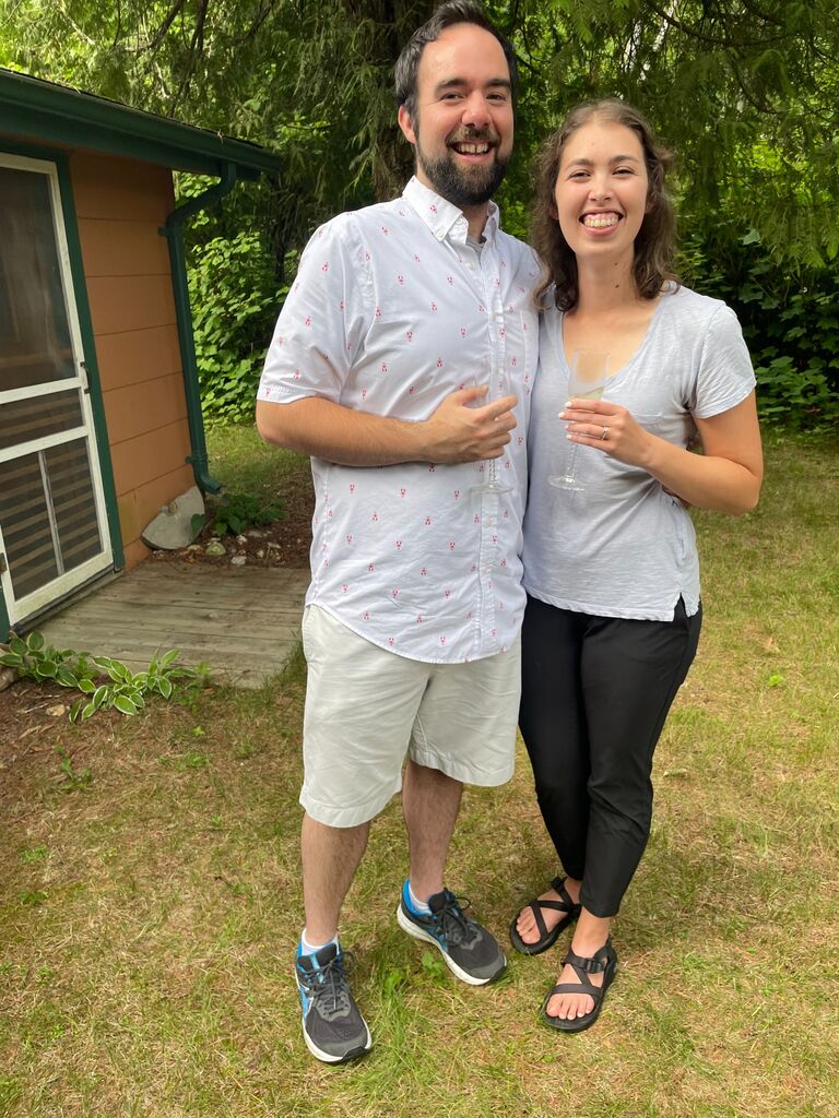 Celebrating our engagement at the cottage in Door County!