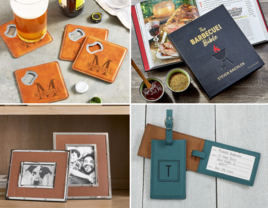 Collage of four leather anniversary gift ideas, including coasters, cookbook, luggage tags, picture frames