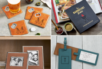Collage of four leather anniversary gift ideas, including coasters, cookbook, luggage tags, picture frames