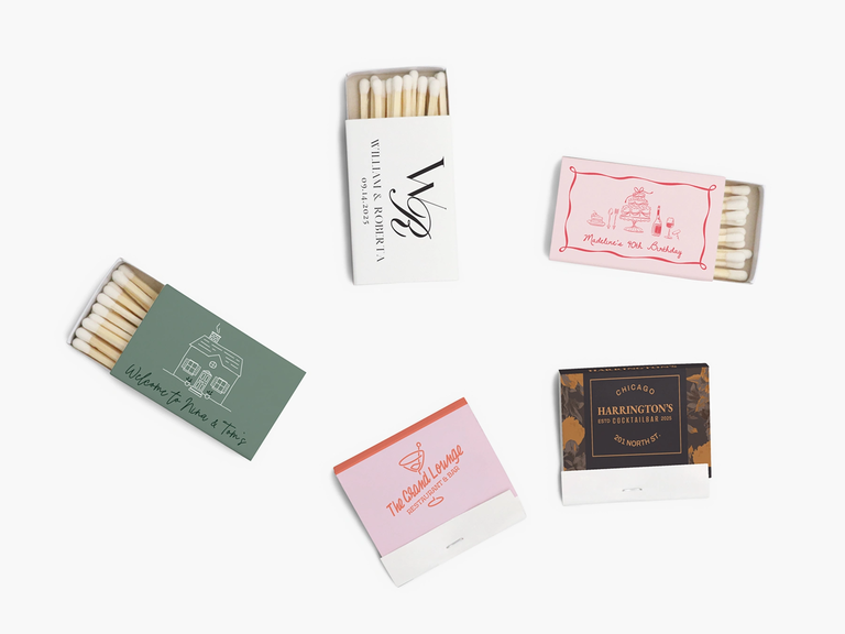 A collage of matchbooks and matchboxes all with unique, custom designs for wedding favors