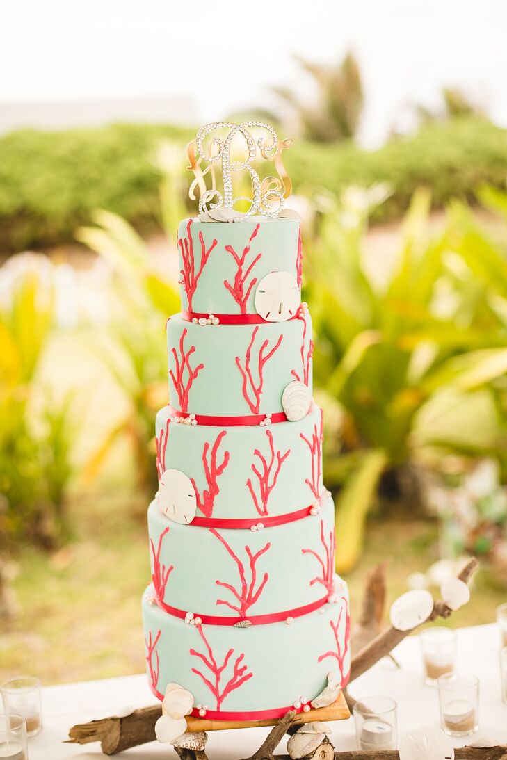 Teal And Coral Tiered Wedding Cake