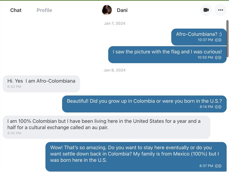 Dani and Nico first chat on CatholicMatch. Nico misspells "Afro-Colombiana" (the first time only, to be fair). Dani almost says NO (but decides to give Nico a chance ;) 