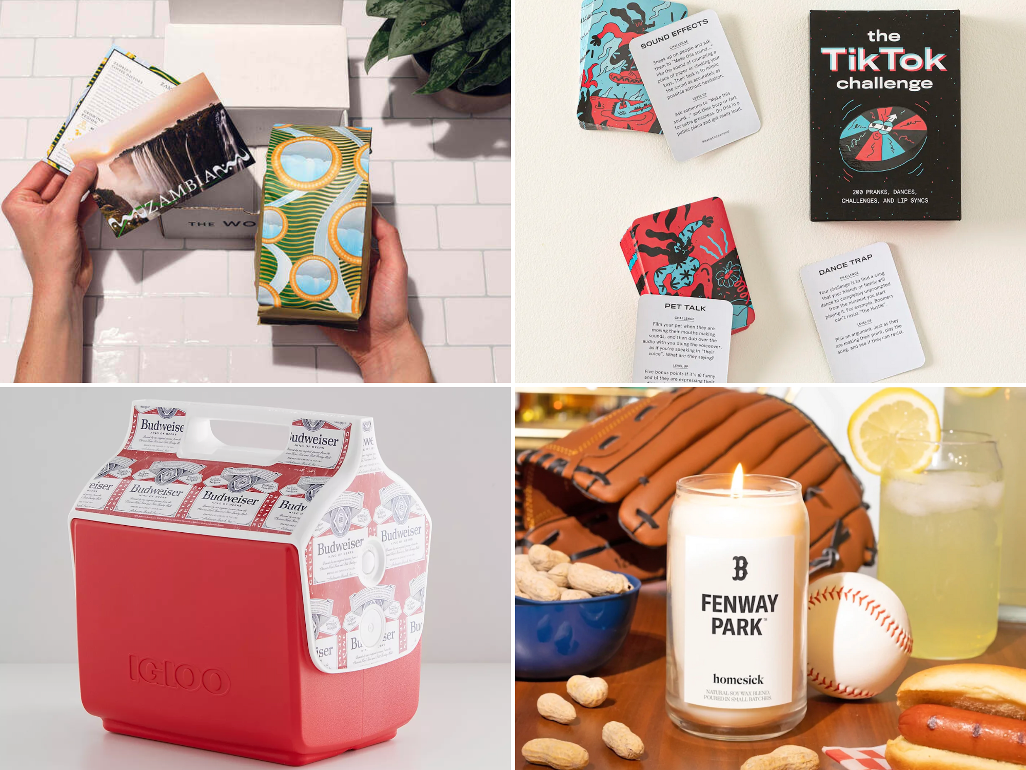 Collage of four gift ideas for your girlfriend's brother including coffee club subscription, card game, cooler, and candle
