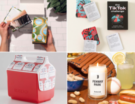 Collage of four gift ideas for your girlfriend's brother including coffee club subscription, card game, cooler, and candle