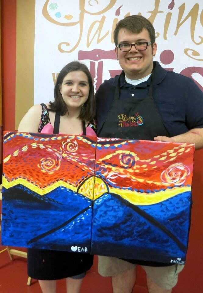 Emily & Erik go to Painting With A Twist and paint each other sunset paintings.