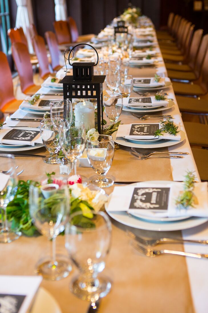 White Candle In Black Lantern Centerpiece