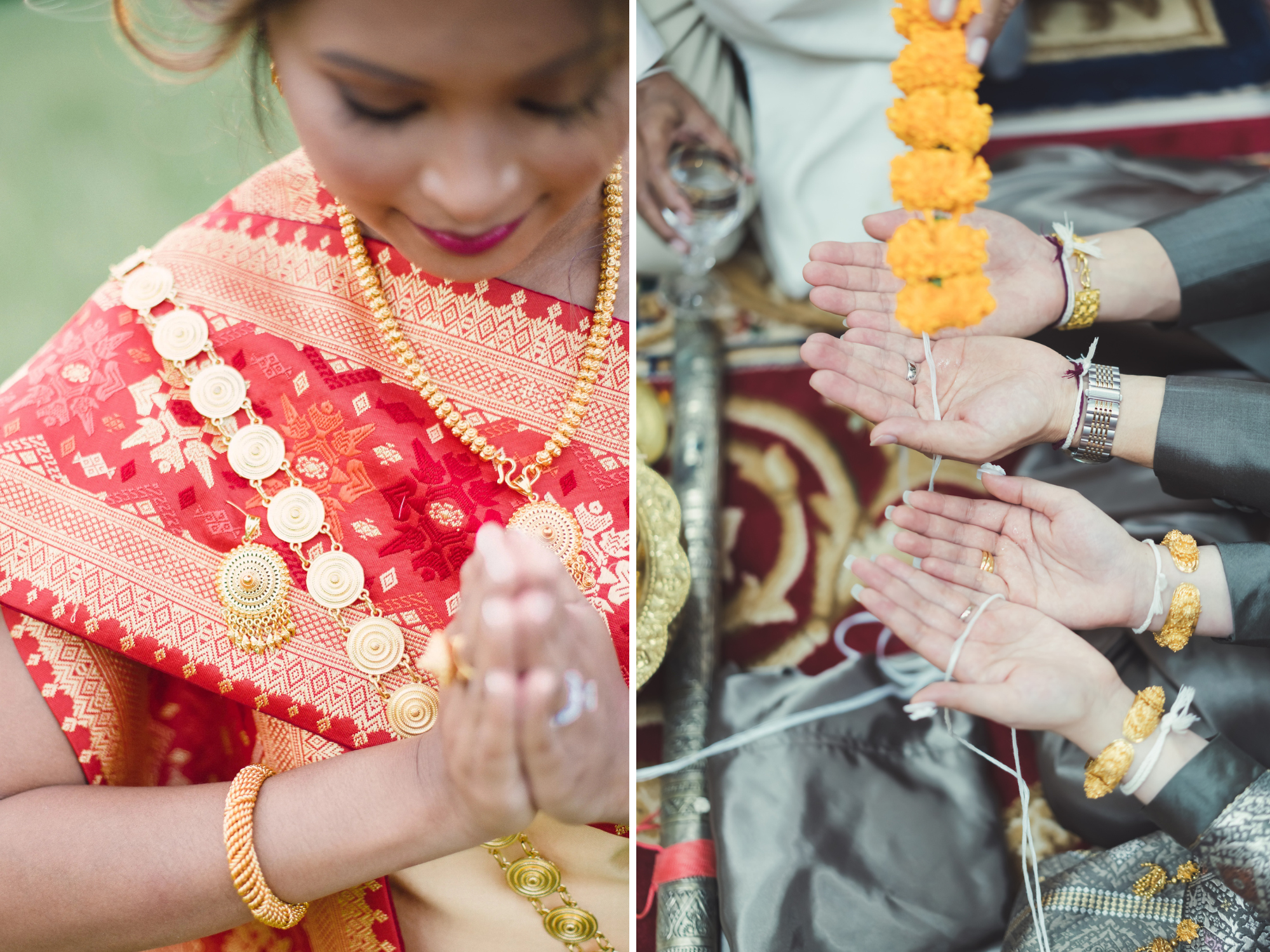 Collage of Laotian wedding traditions including traditional attire and Baci Ceremony
