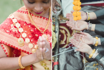 Collage of Laotian wedding traditions including traditional attire and Baci Ceremony