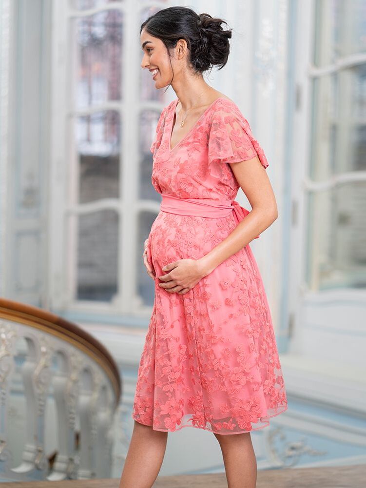 PinkBlush Maternity Blue Floral Fitted Maternity Dress, Small at