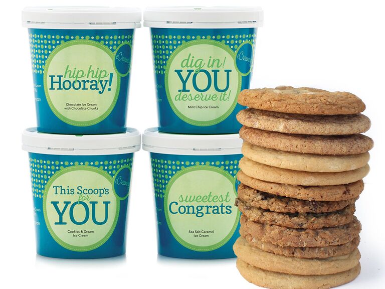 Four pints of ice cream with celebratory messages on packaging and a dozen cookies