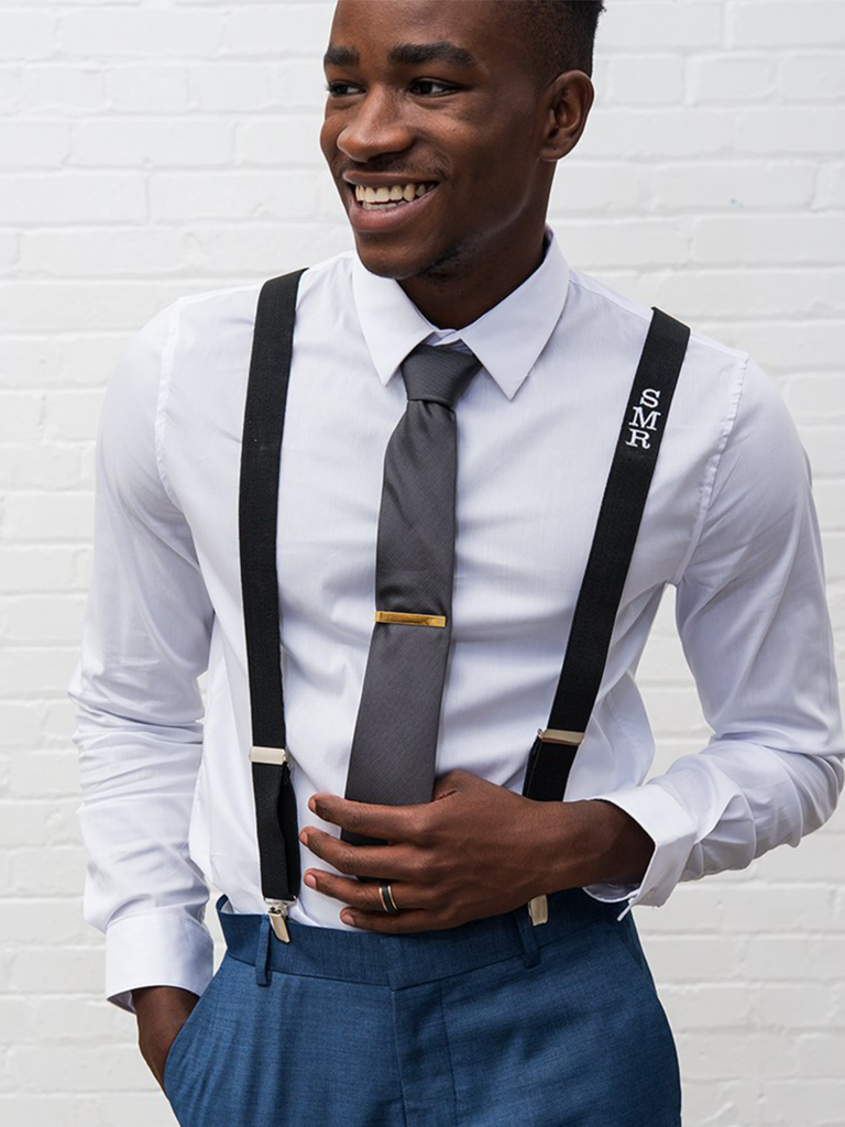 Men's Black Leather Button Suspenders Wedding Men Suspenders