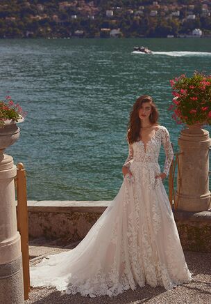 Beaded A-Line Gown with V-Neckline and Chapel Length Train