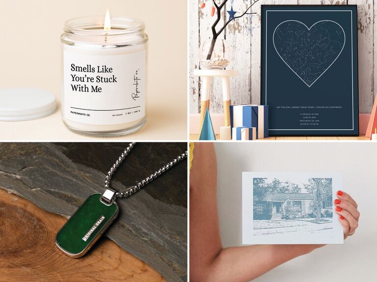 26th wedding anniversary gifts: scented candle, custom star map, custom house print, jade dog tag