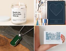 26th wedding anniversary gifts: scented candle, custom star map, custom house print, jade dog tag