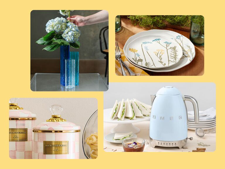 Four gifts: blue glass vase, floral plates, SMEG kettle, patterned ceramic jars