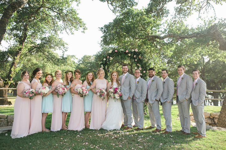 pink bridesmaids blue groomsmen