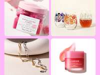 Collage of inexpensive bridesmaid gift ideas: exfoliating cubes, birth flower glass, Laneige lip mask, initial bracelet