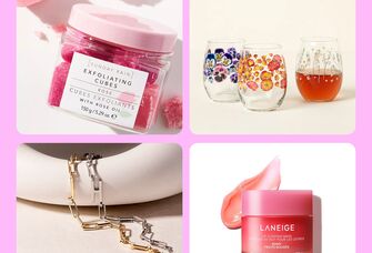 Collage of inexpensive bridesmaid gift ideas: exfoliating cubes, birth flower glass, Laneige lip mask, initial bracelet