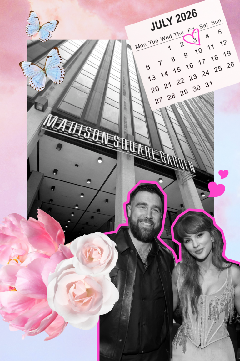 Taylor Swift and Travis Kelce outside Madison Square Garden collage for their wedding