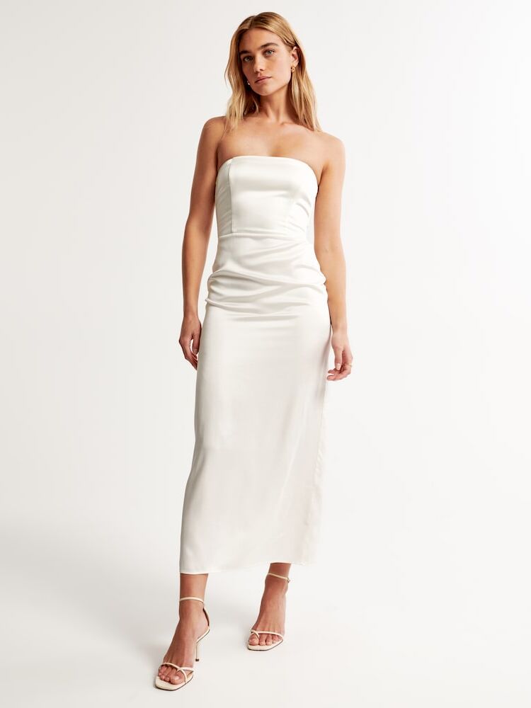 Strapless white rehearsal dinner maxi dress from Abercrombie & Fitch