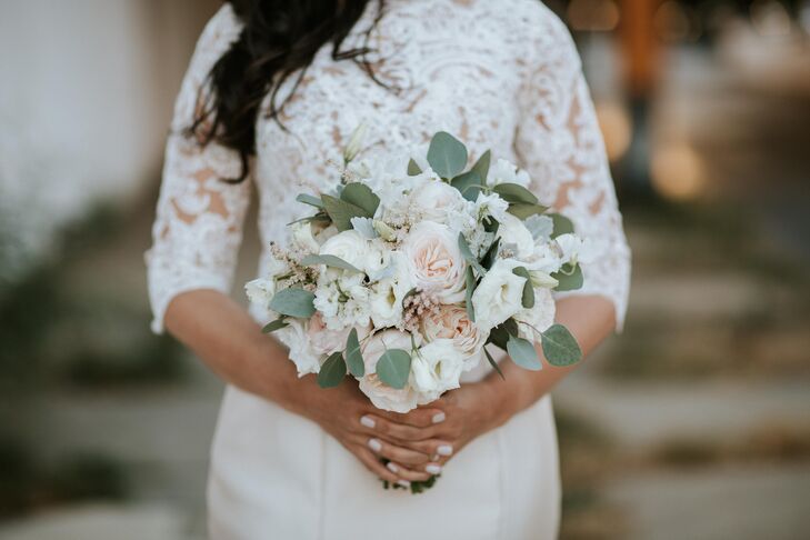 Romantic Blush And White Bouquet Of Garden Roses Eucalyptus And Dusty Miller