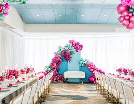 Bridal shower in ballroom with bright blue and pink decor