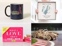 Collage of four Valentine's Day gifts for husband including mug, art print, model car, book