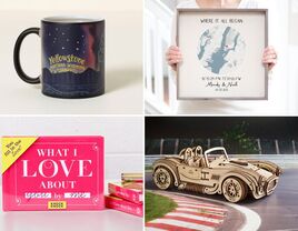 Collage of four Valentine's Day gifts for husband including mug, art print, model car, book