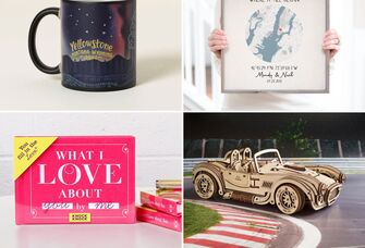 Collage of four Valentine's Day gifts for husband including mug, art print, model car, book