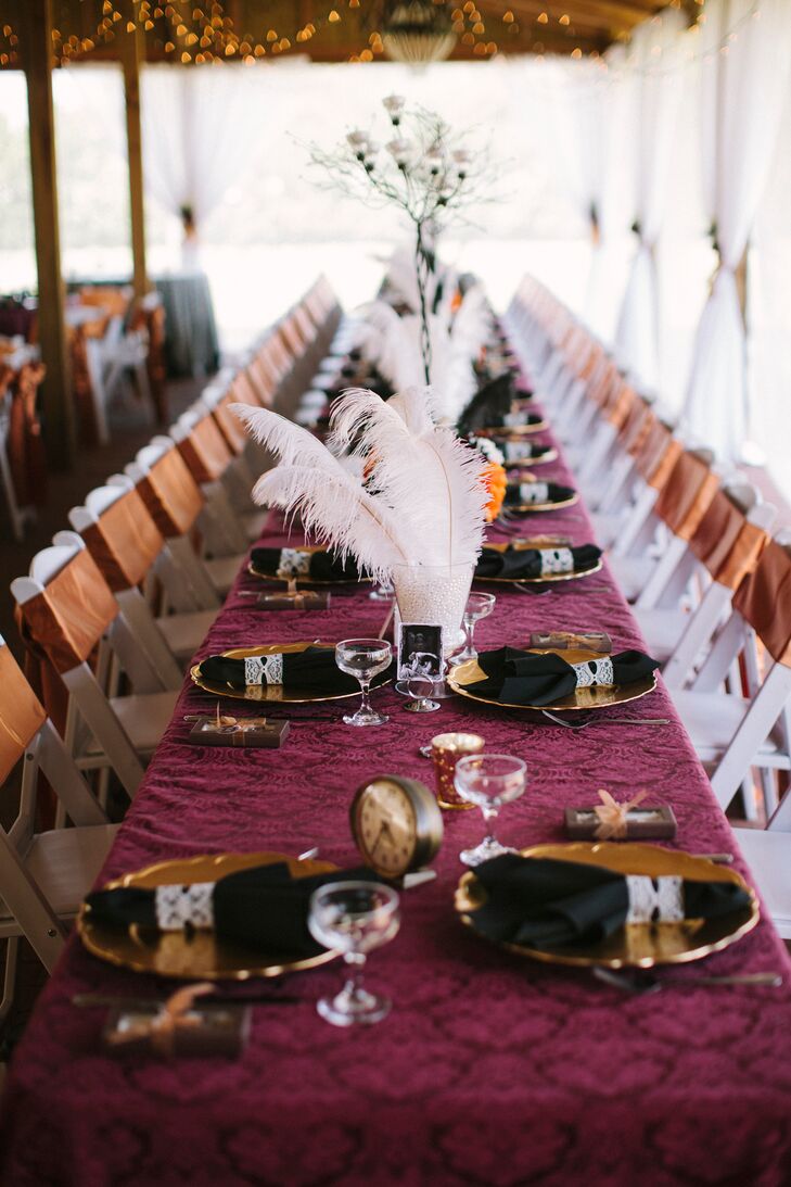 Burgundy, Black and Gold Steampunk Reception Decor