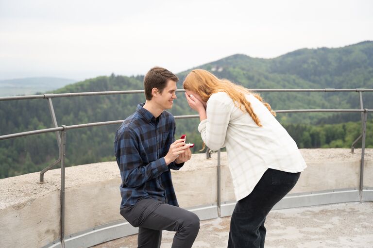 Noah surprised Liz on top of a castle in the Black Forest and asked her to marry him!! The most magical moment and the easiest yes!! 