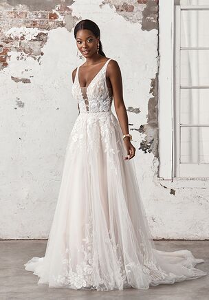Slim Tulle Ball Gown with Plunging V-Neckline and Lace Appliqués