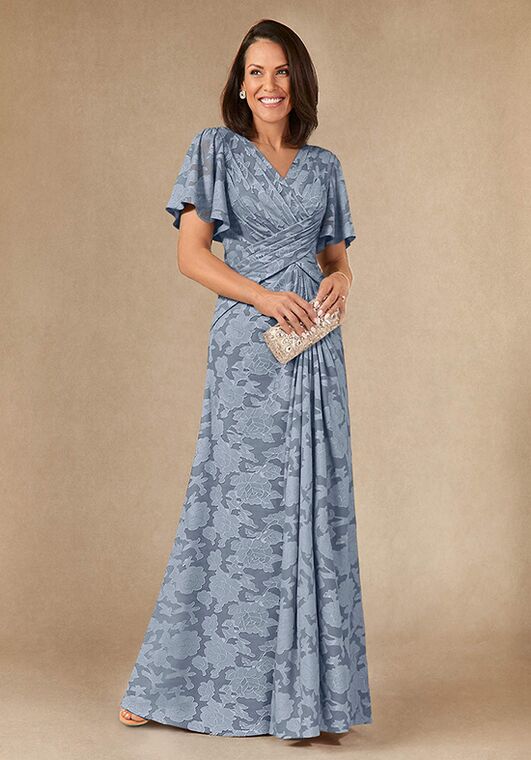 blue floral mother of the bride dress with sleeves A Line/Princess V Neck 3/4 Sleeves Ankle Length Floral Mother of the Bride Dresses Navy Blue